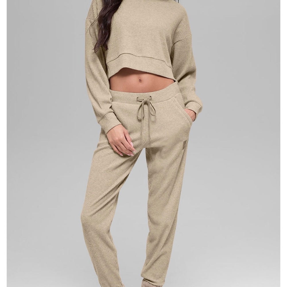 ALO Yoga Taupe Ribbed Hoodie and Joggers